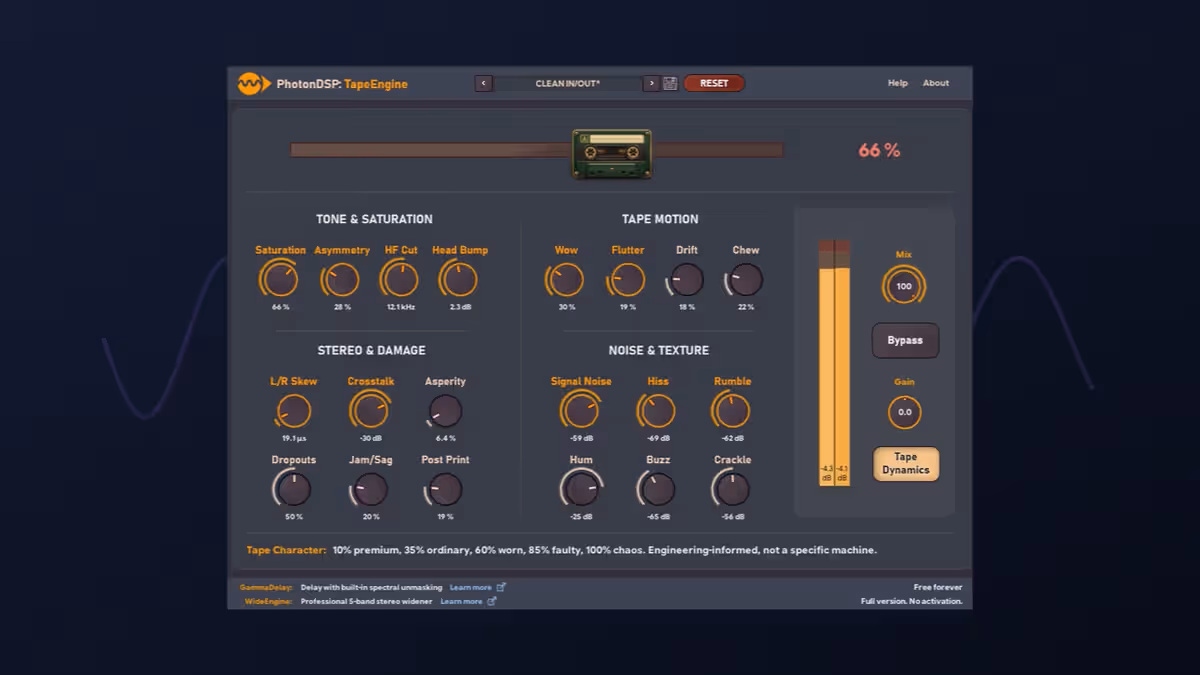 PhotonDSP TapeEngine plugin interface on an original tape-waveform background