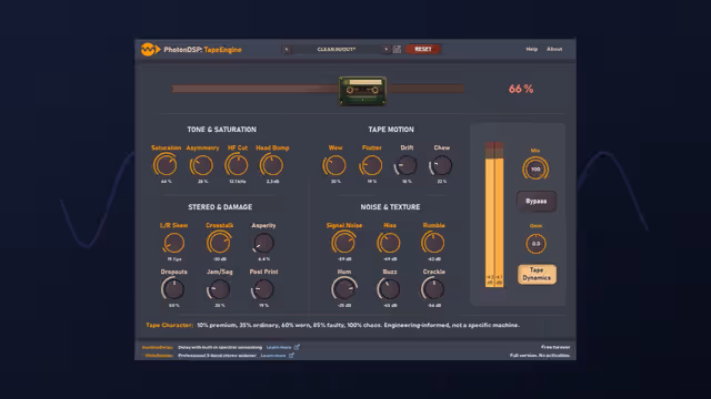 PhotonDSP TapeEngine plugin interface on an original tape-waveform background