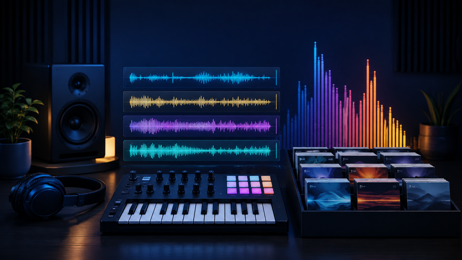 Abstract sampler workstation with a MIDI controller and glowing audio waveforms