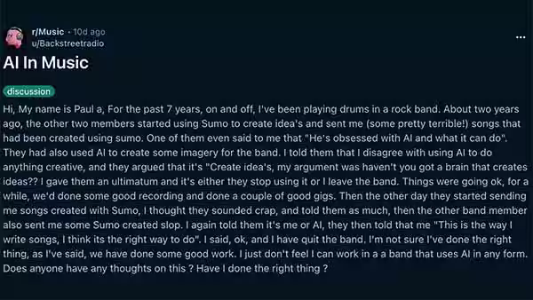 Reddit discussion screenshot accompanying the report on AI-written band songs
